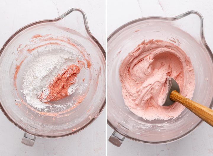 two photos showing how to make strawberry frosting, adding powdered sugar