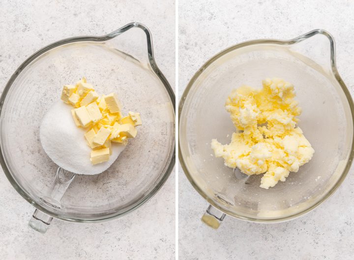 two photos showing how to make lemon cupcakes -  beating butter and sugar