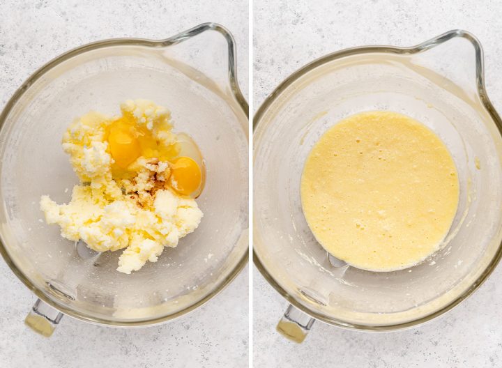 two photos showing how to make lemon cupcakes - adding eggs and vanilla