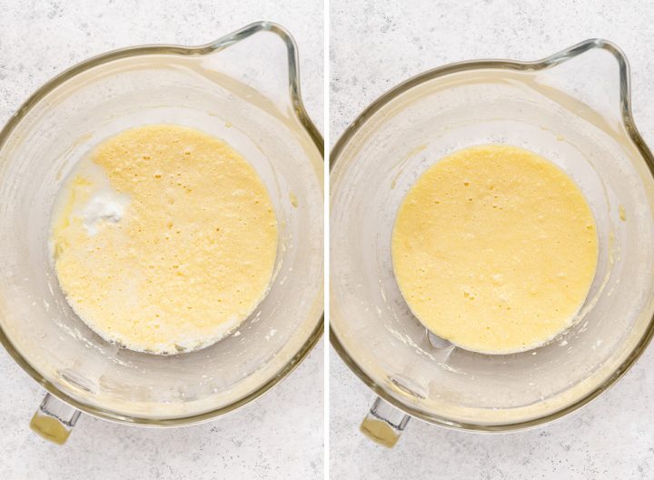 two photos showing how to make lemon cupcakes - adding sour cream, milk and lemon juice