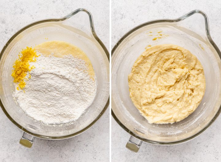 two photos showing how to make lemon cupcakes - adding dry ingredients