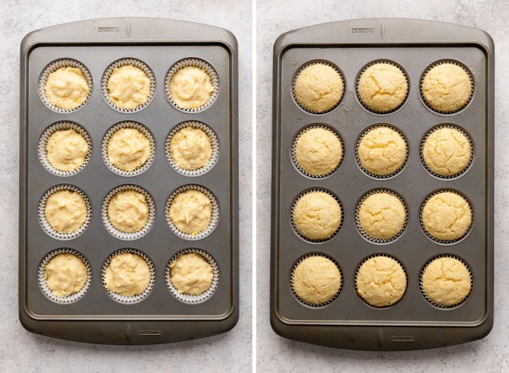 two photos showing lemon cupcakes before and after baking in the muffin pan