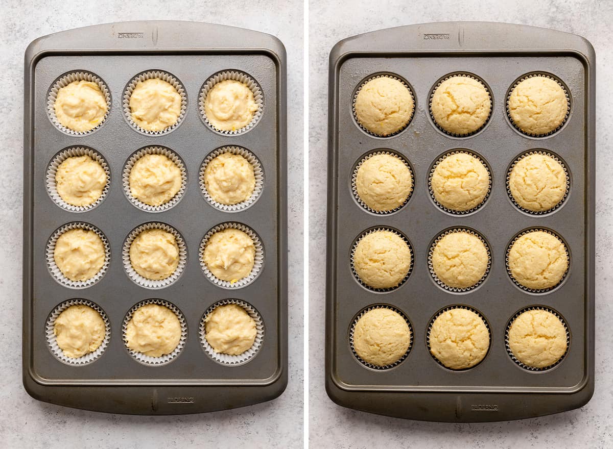 two photos showing lemon cupcakes before and after baking in the muffin pan