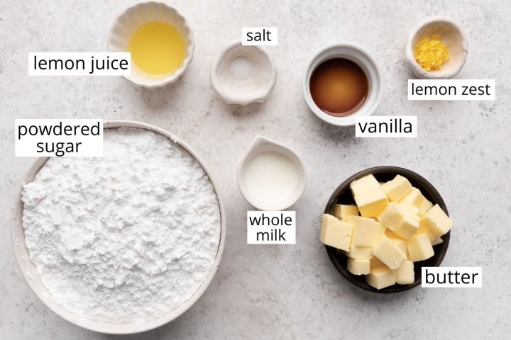 overhead photo of the ingredients in this lemon buttercream frosting recipe