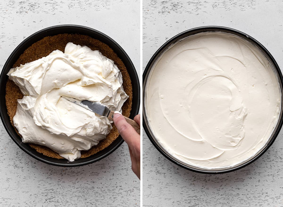 two photos showing How to assemble No Bake Cheesecake 