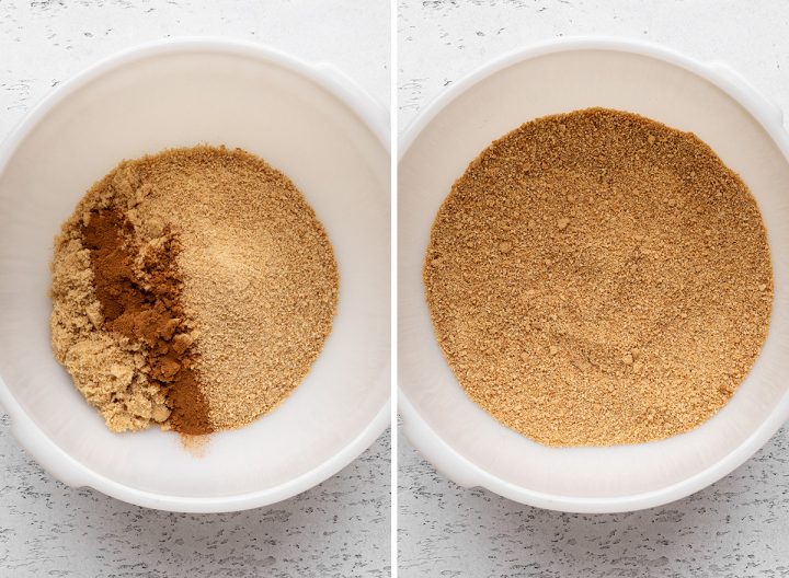 two photos showing making the graham cracker crust for this No Bake Cheesecake Recipe