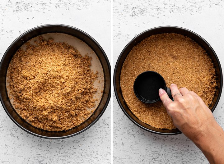 two photos showing making the graham cracker crust for this No Bake Cheesecake Recipe