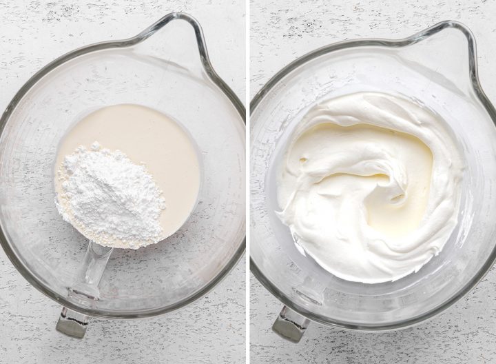 two photos showing How to Make No Bake Cheesecake - beating whipped cream and powdered sugar