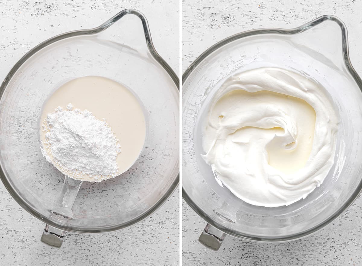 two photos showing How to Make No Bake Cheesecake - beating whipped cream and powdered sugar