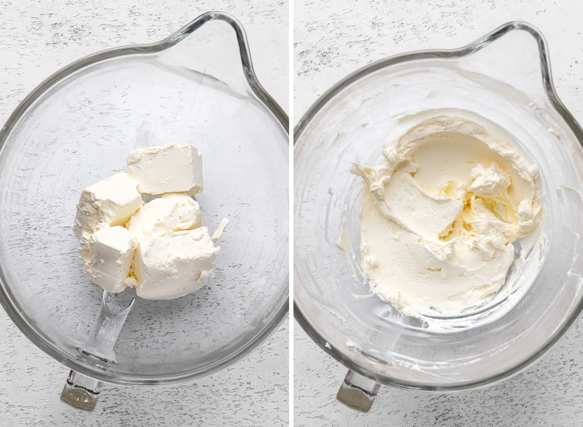 two photos showing How to Make No Bake Cheesecake - beating the cream cheese