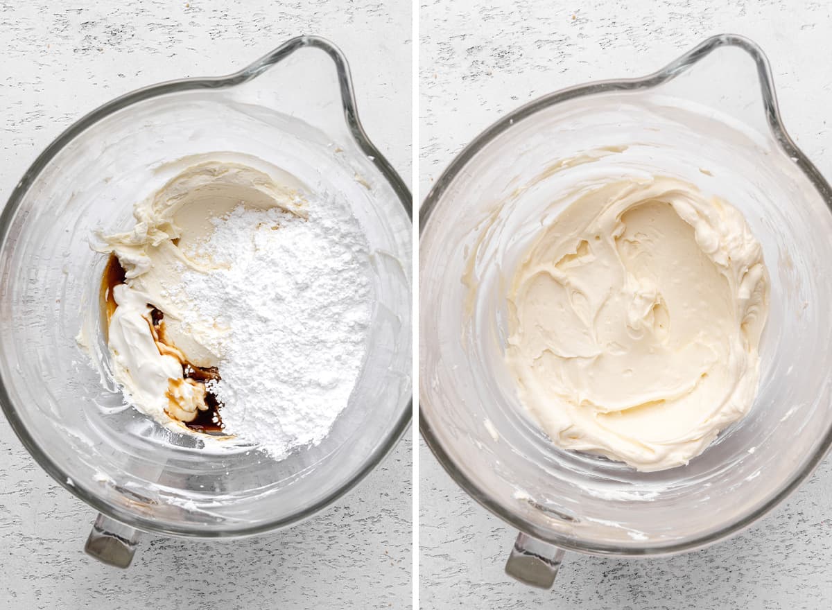 two photos showing How to Make No Bake Cheesecake - adding powdered sugar, vanilla and sour cream