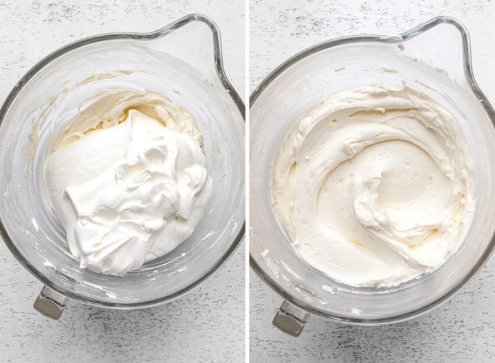 two photos showing How to Make No Bake Cheesecake - adding whipped cream