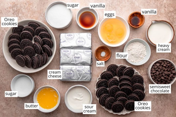 overhead photo of the ingredients in this Oreo Cheesecake recipe