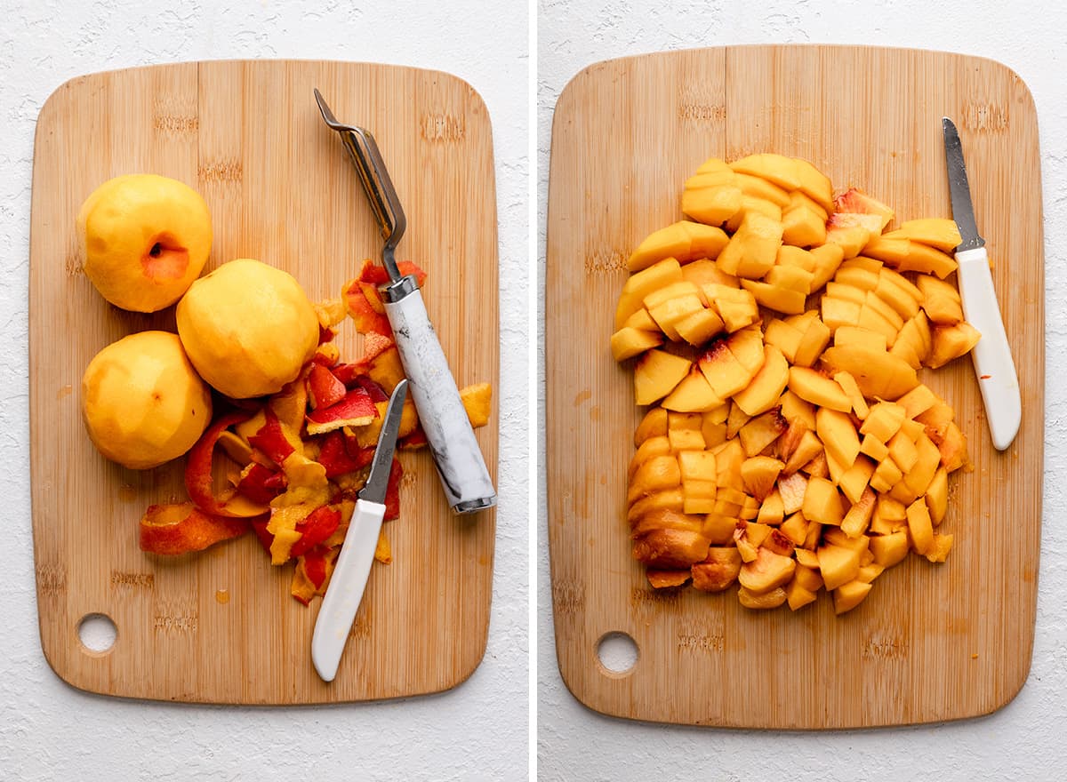 two photos showing how to peel and cut peaches for this Peach Cake Recipe