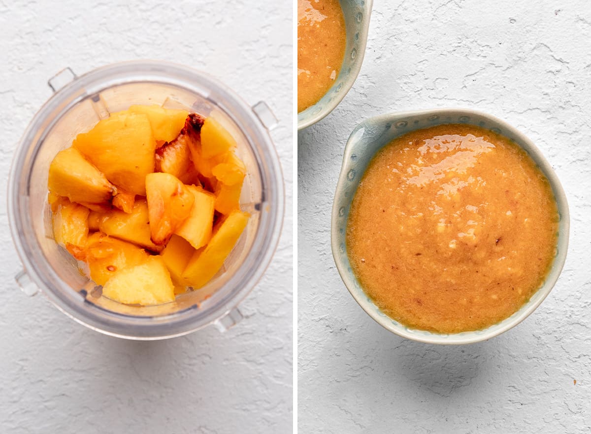 two photos showing peaches before and after blending to use in this Peach Cake Recipe