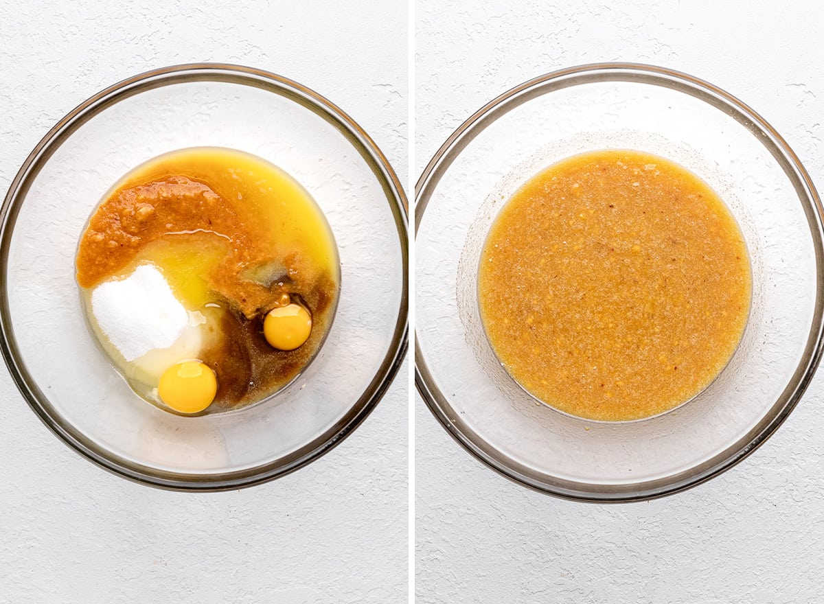 two photos showing combining the wet ingredients for this Peach Cake Recipe