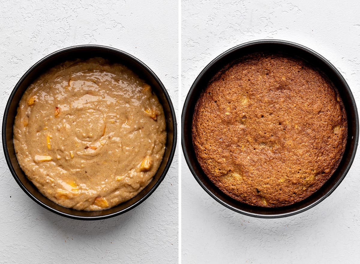 peach cake in a baking pan before and after baking