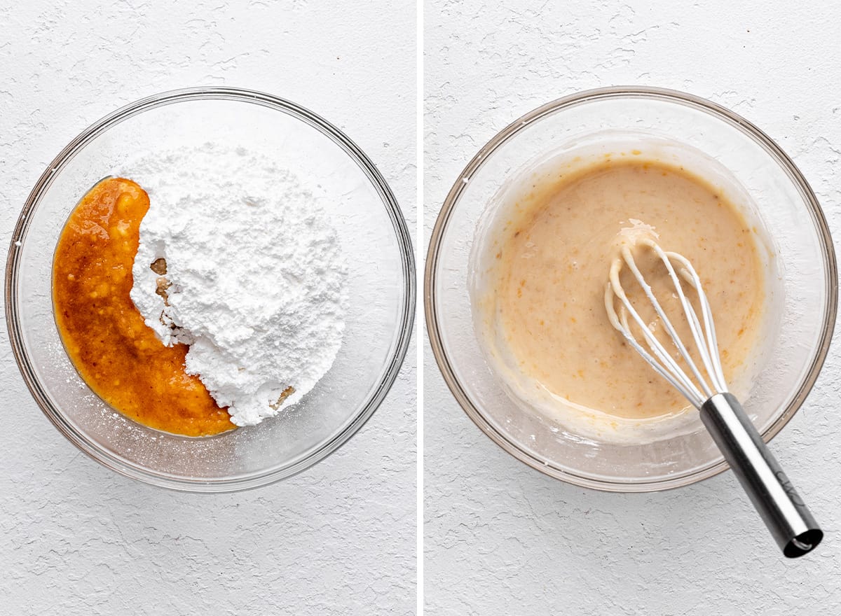 two photos showing how to make peach glaze