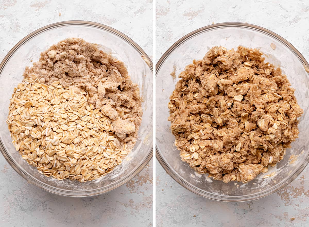 two photos showing adding oatmeal to the peach crisp topping