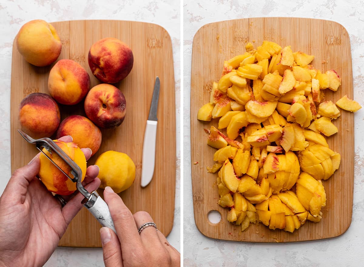 two photos showing how to peel and cut peaches for this Peach Crisp Recipe