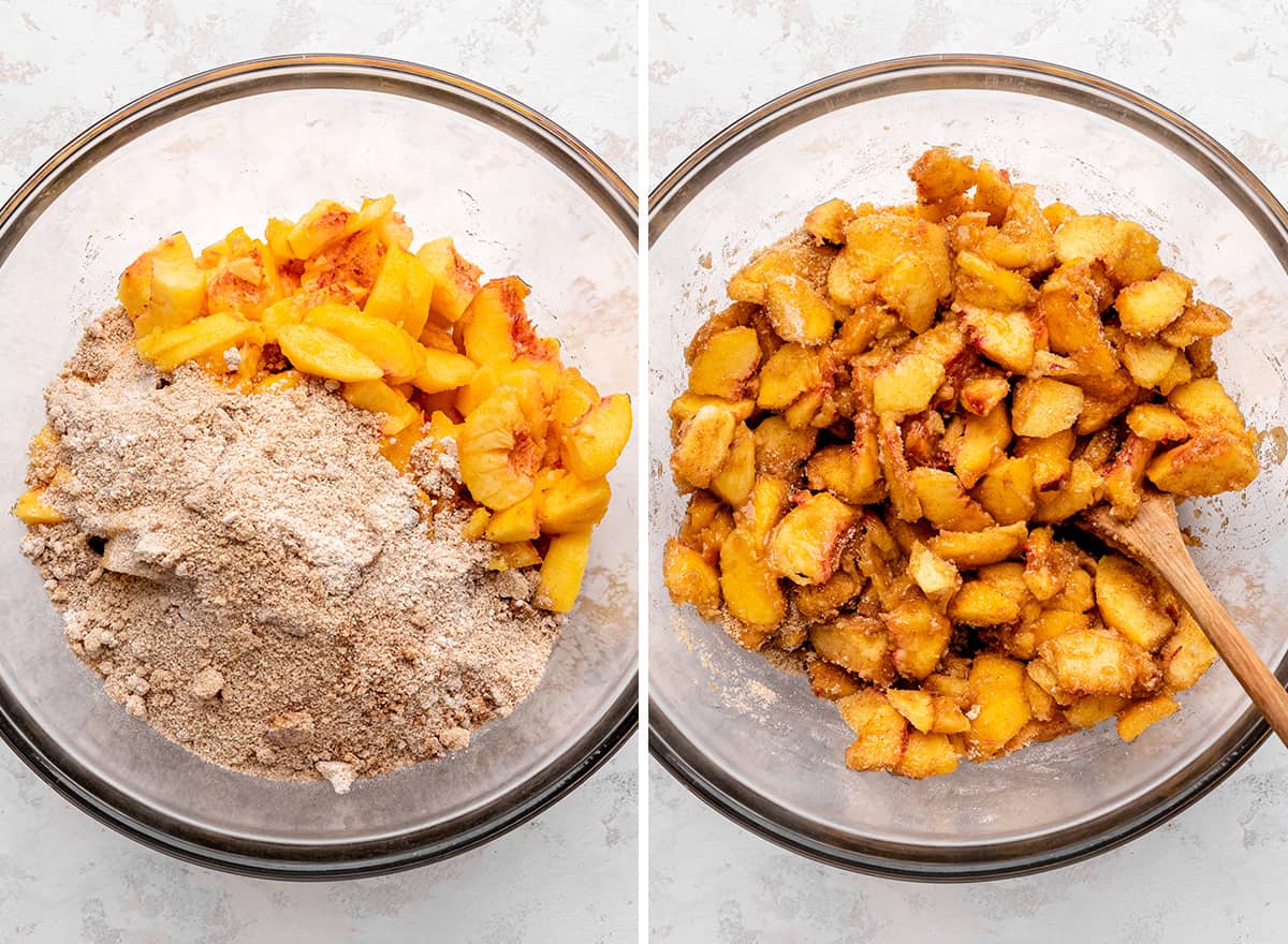 two photos showing how to make the filling for this Peach Crisp Recipe