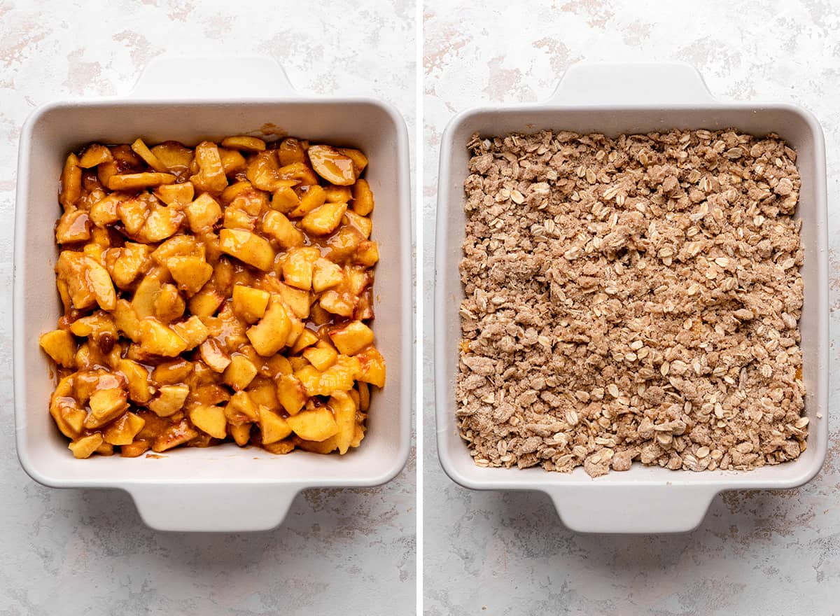 two photos showing how to assemble this Peach Crisp Recipe