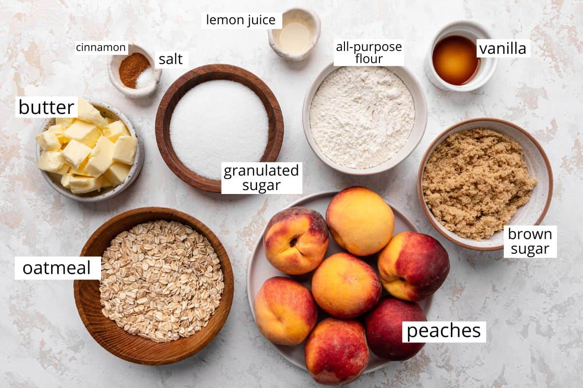 overhead photo of the ingredients in this Peach Crisp recipe