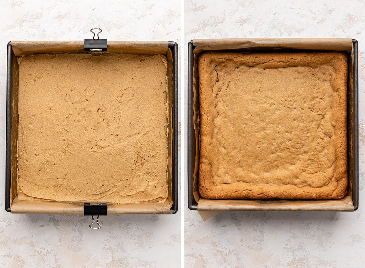 peanut butter cookie bars in the pan before and after baking
