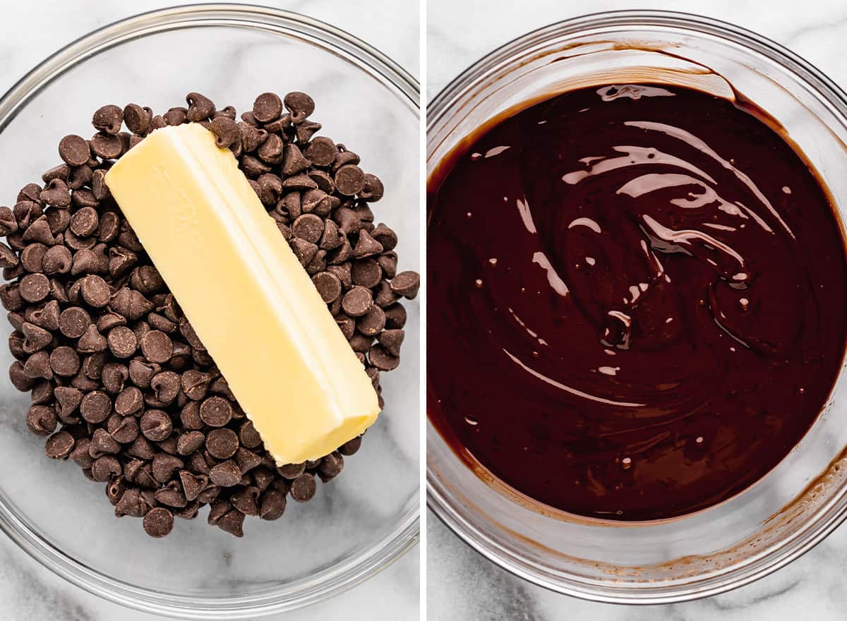two photos showing butter and chocolate before and after melting to make caramel brownies
