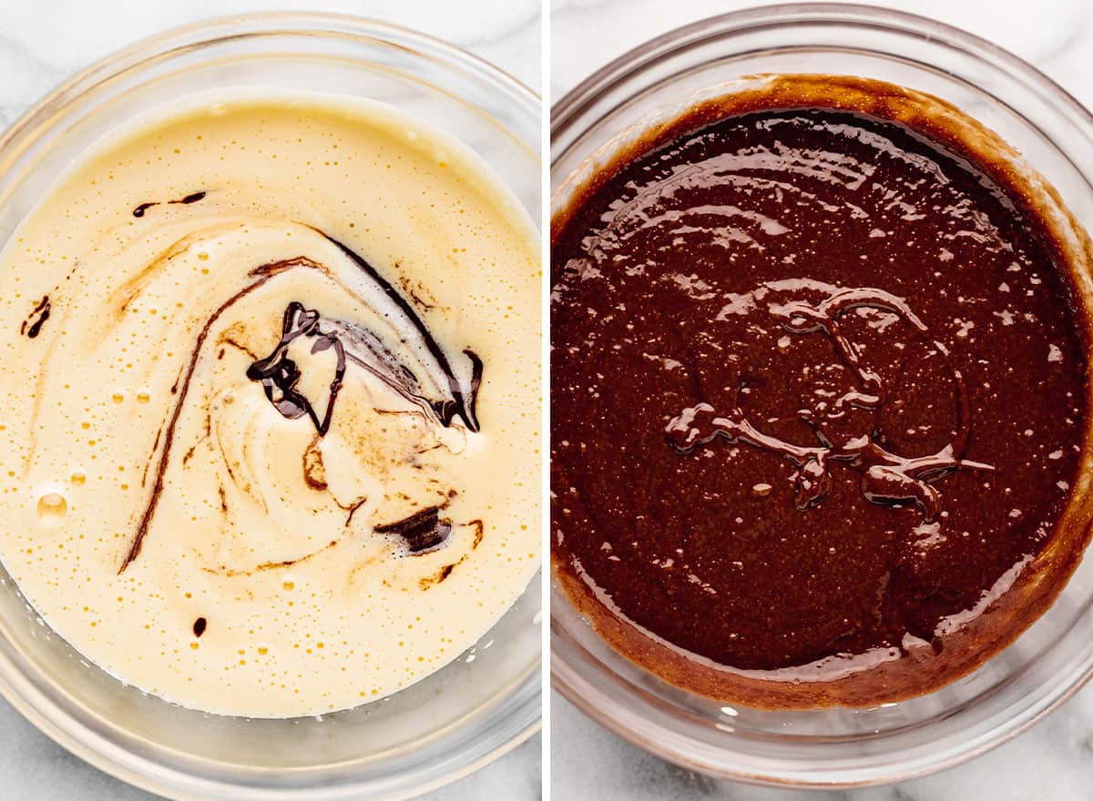 two photos showing how to make caramel brownies - combining wet ingredients