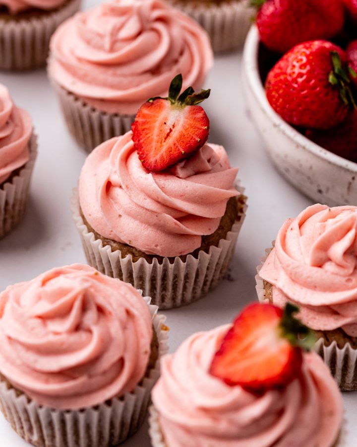 5 cupcakes with Strawberry Buttercream Frosting