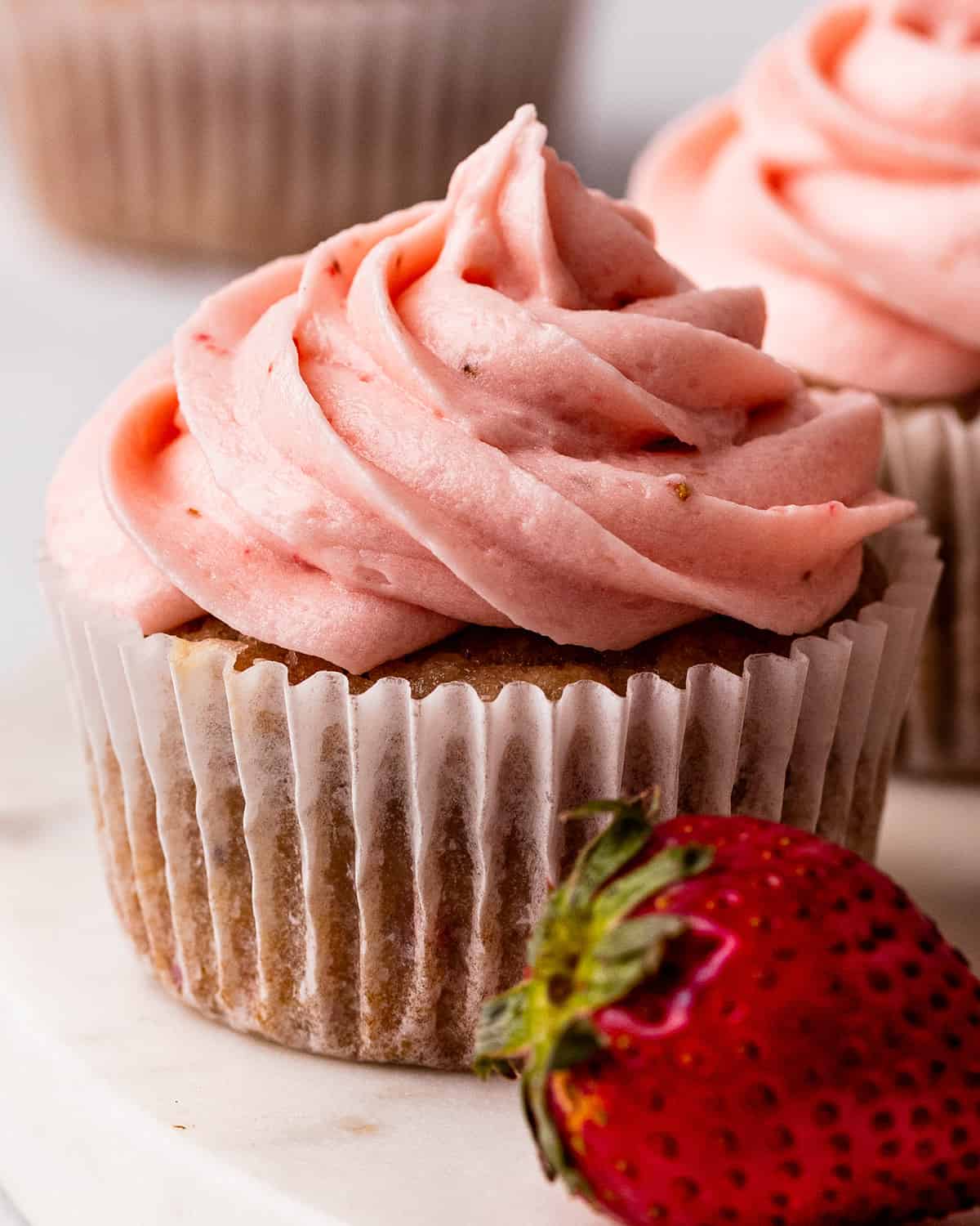 Strawberry Buttercream Frosting on a cupcake