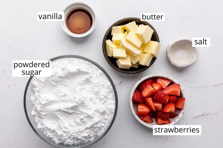 overhead photo of the ingredients in this Strawberry Buttercream Frosting recipe