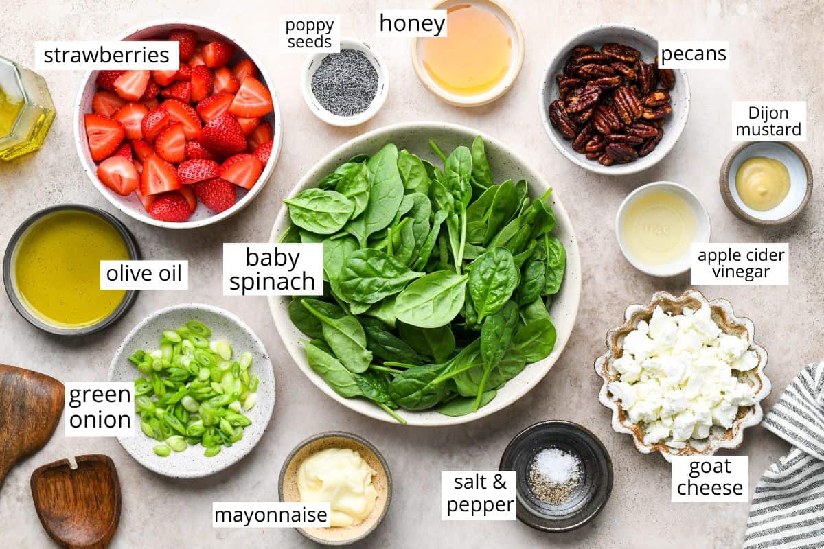 overhead photo of the ingredients in this Strawberry Spinach Salad recipe