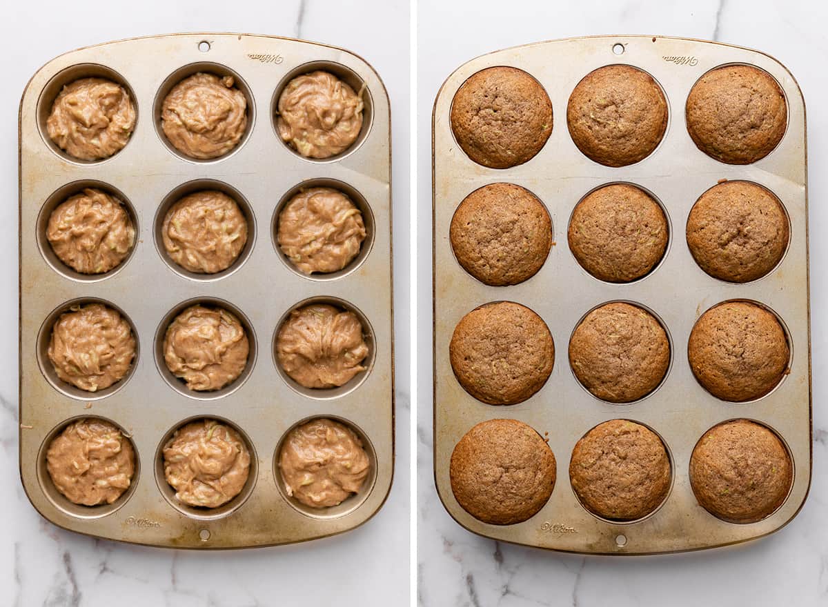 two photos showing zucchini muffins in the muffin pan before and after baking