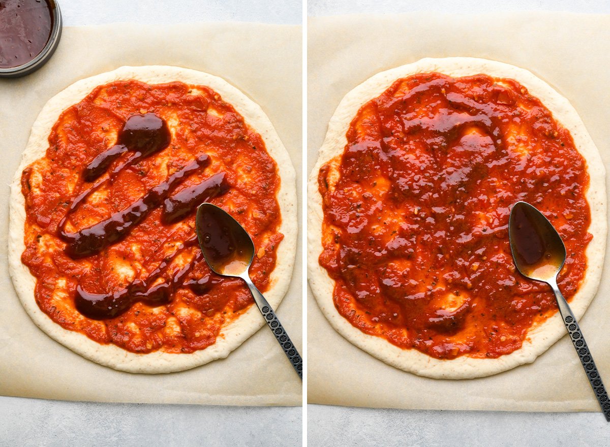 two photos showing spreading bbq sauce onto the dough for this BBQ Chicken Pizza Recipe