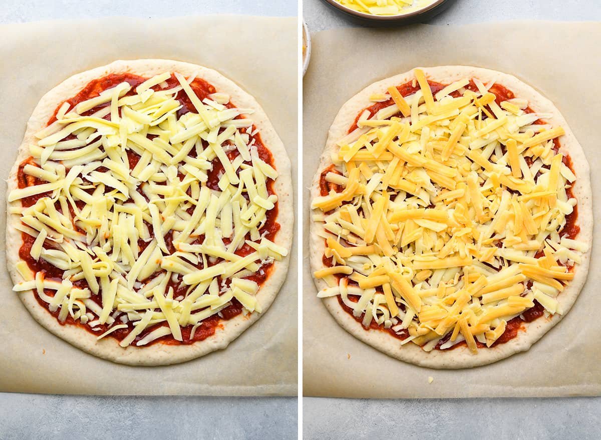 two photos showing spreading cheese onto the dough for this BBQ Chicken Pizza Recipe
