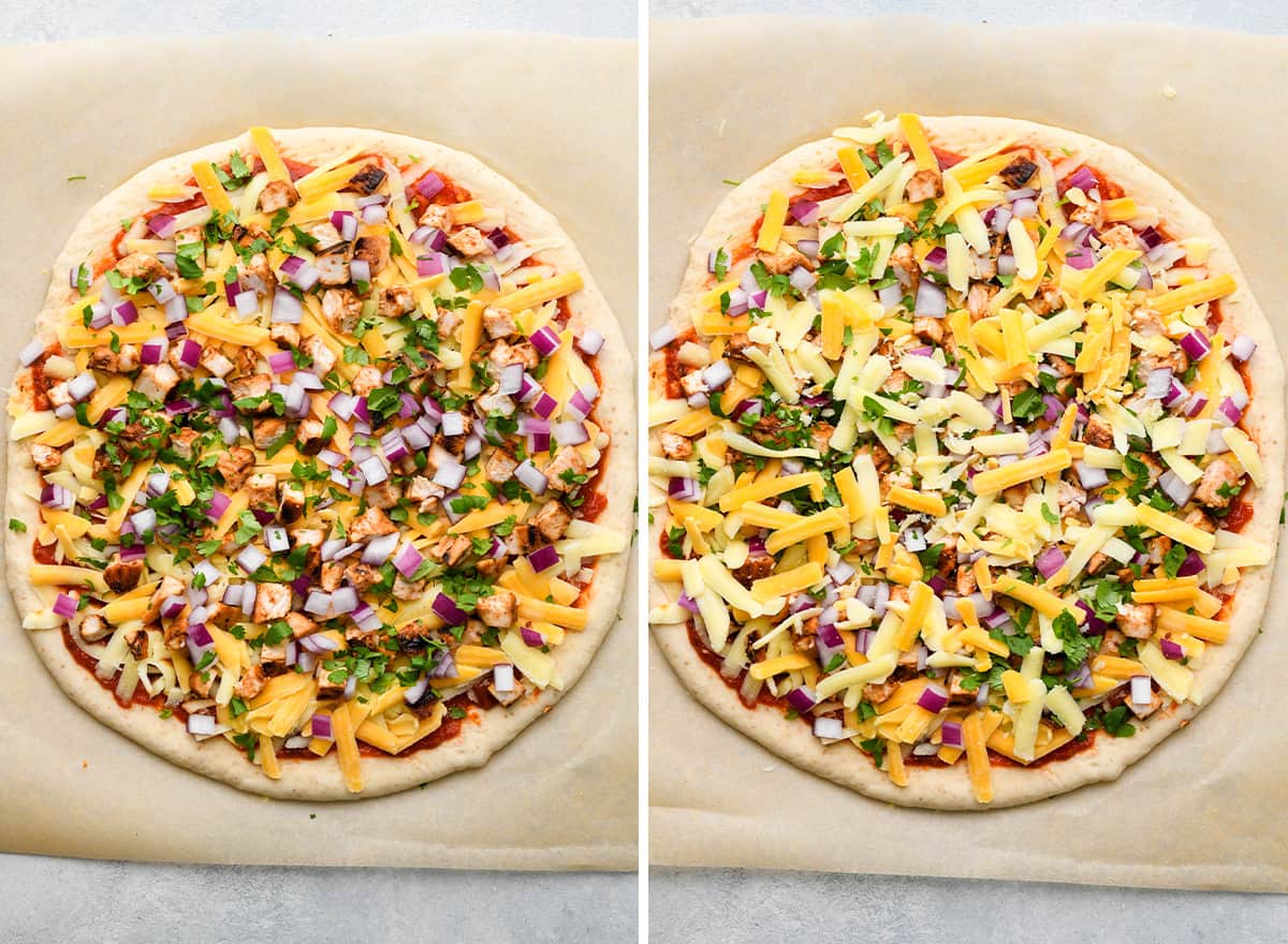 two photos showing putting toppings onto the dough for this BBQ Chicken Pizza Recipe