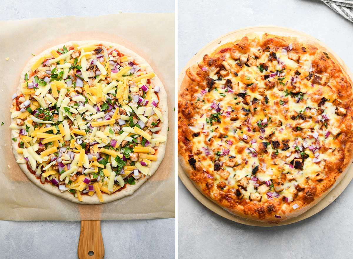 two photos showing bbq chicken pizza before and after baking