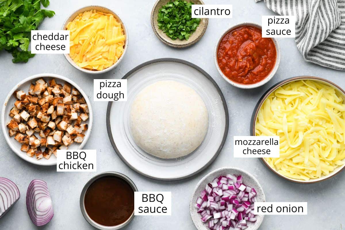 overhead photo of the ingredients in this BBQ Chicken Pizza recipe