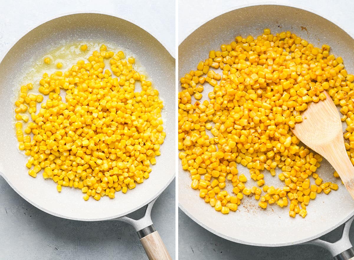 two photos showing toasting corn to use in this BBQ Chicken Salad Recipe