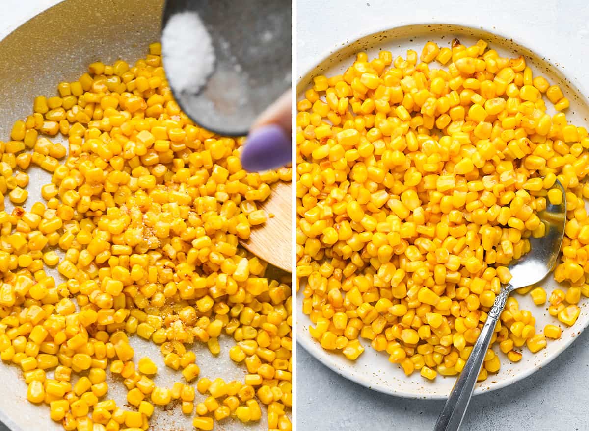 two photos showing toasting corn to use in this BBQ Chicken Salad Recipe