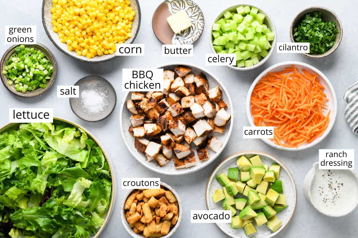 overhead photo of the ingredients in this BBQ Chicken Salad recipe