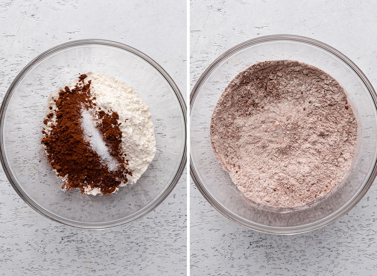 two photos showing How to Make M & M Brownies - combining dry ingredients 
