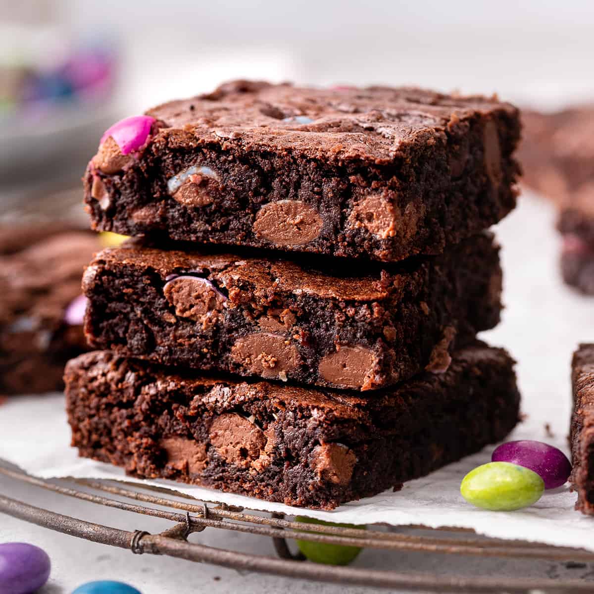 a stack of 3 m & m brownies