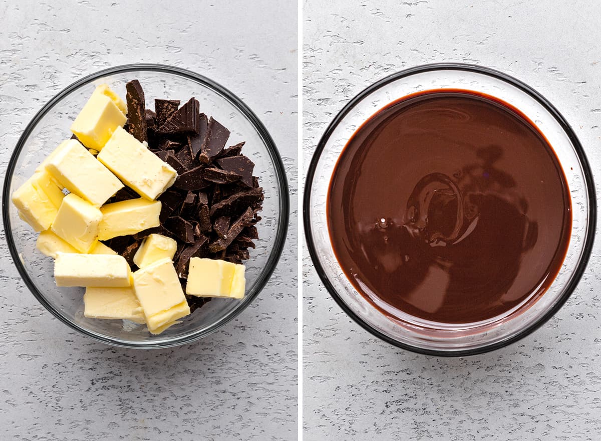 two photos showing How to Make M & M Brownies - melting butter & chocolate