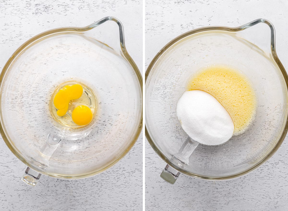 two photos showing How to Make M & M Brownies - beating eggs & sugar