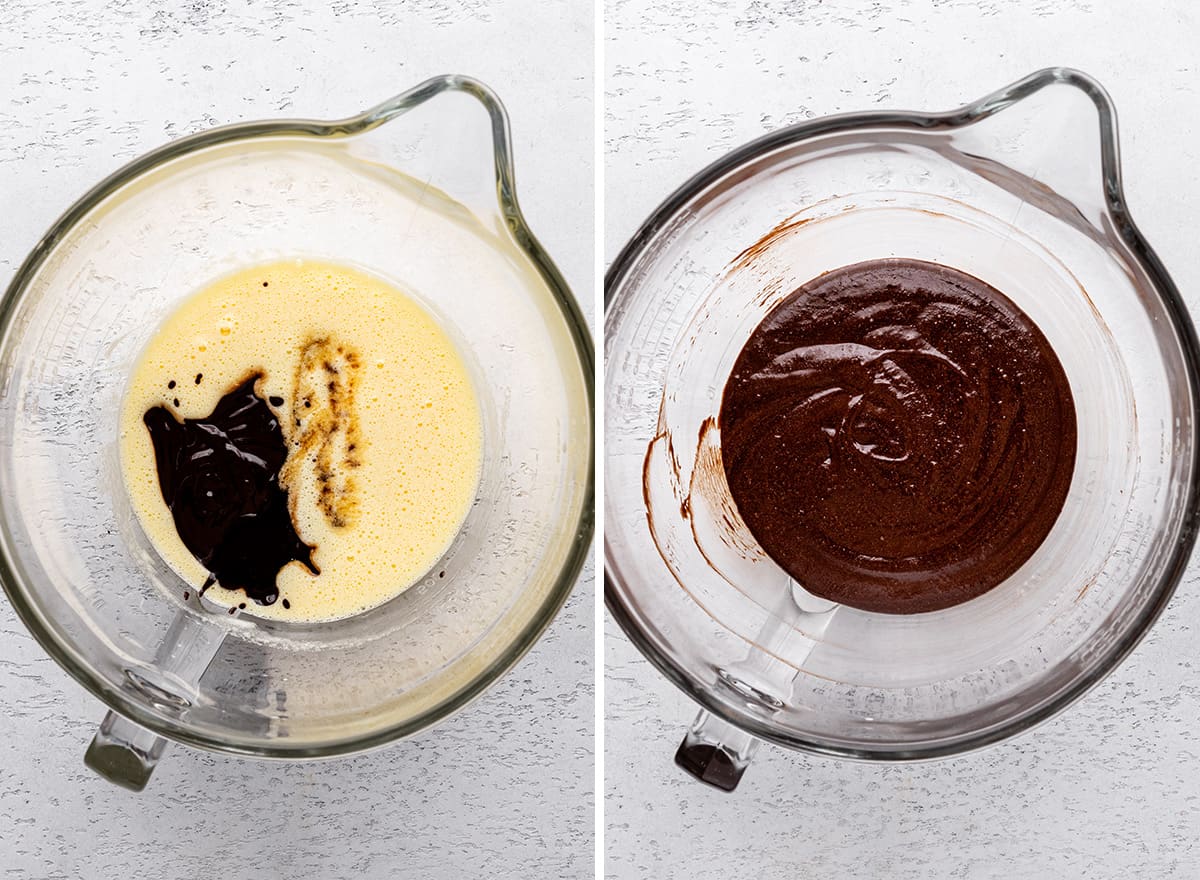 two photos showing How to Make M & M Brownies - adding melted chocolate & vanilla