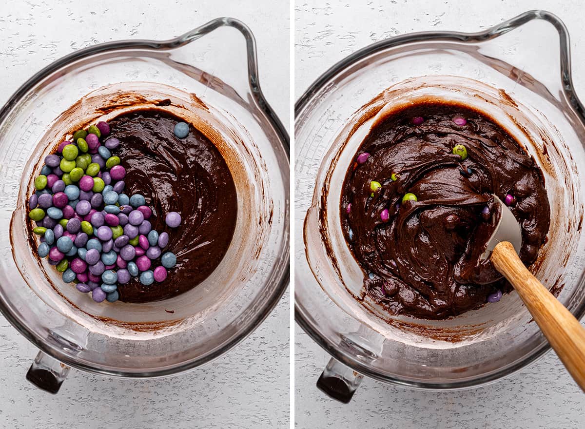 two photos showing How to Make M & M Brownies - stirring in m and ms
