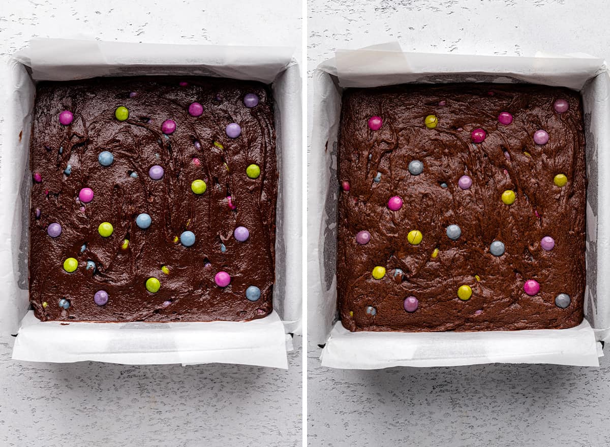 two photos showing m and m brownies in the pan before and after baking